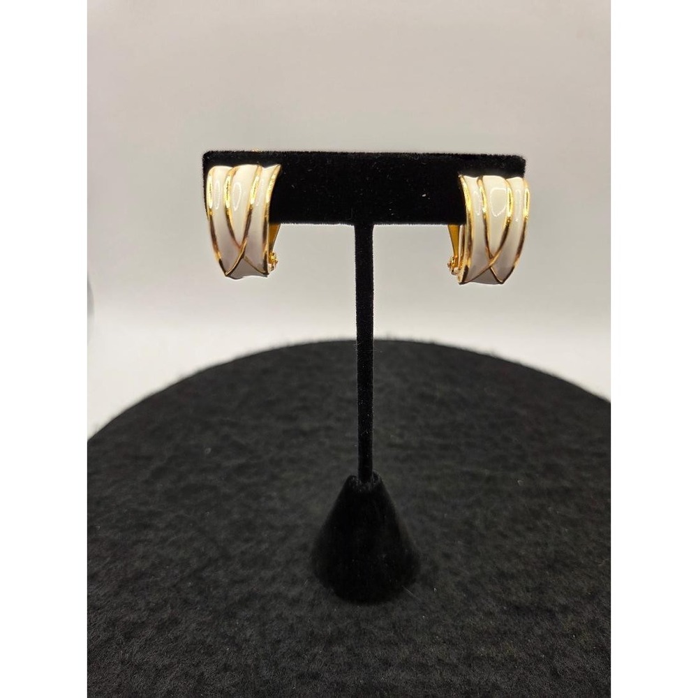 Vintage Cream Enamel Gold-Tone Half-Hoop Clip-On Earrings